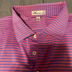 Peter Millar Pink and Blue Stripe Performance Polo XL
Has horse emblem